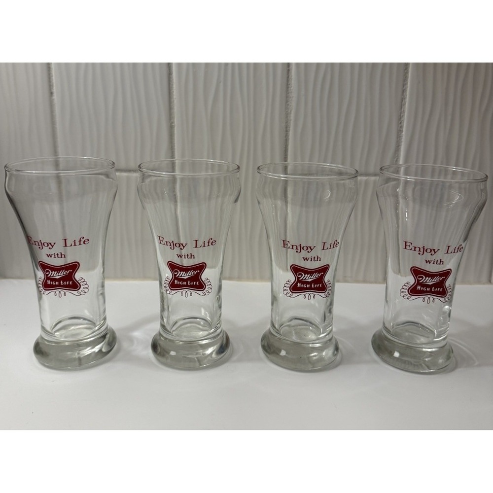 VTG Miller High Life Collectible Beer Glass Set 4 Logo Breweriana Barware MCM